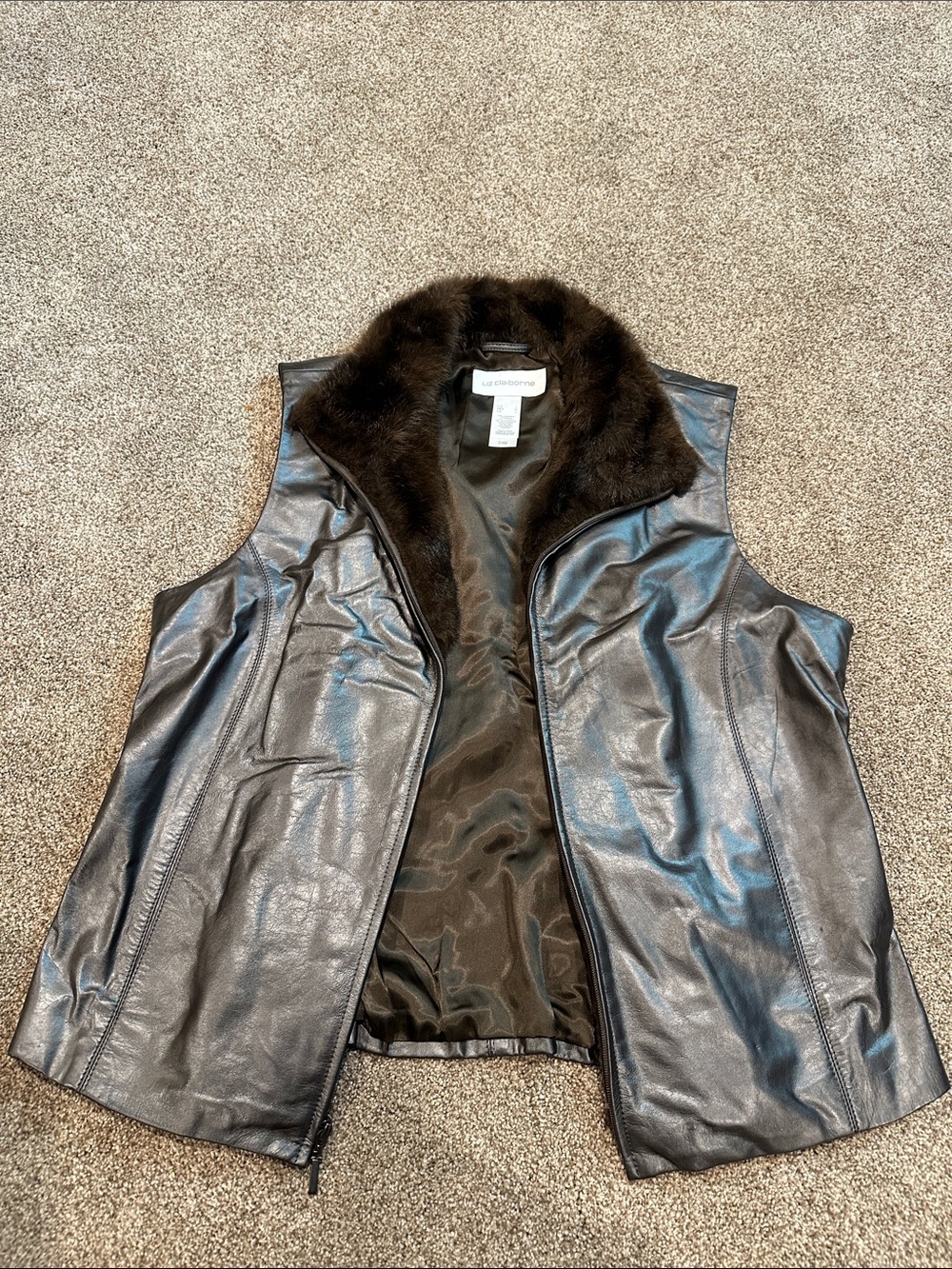 Liz Claiborne Black Leather Vest with Faux-Fur Collar